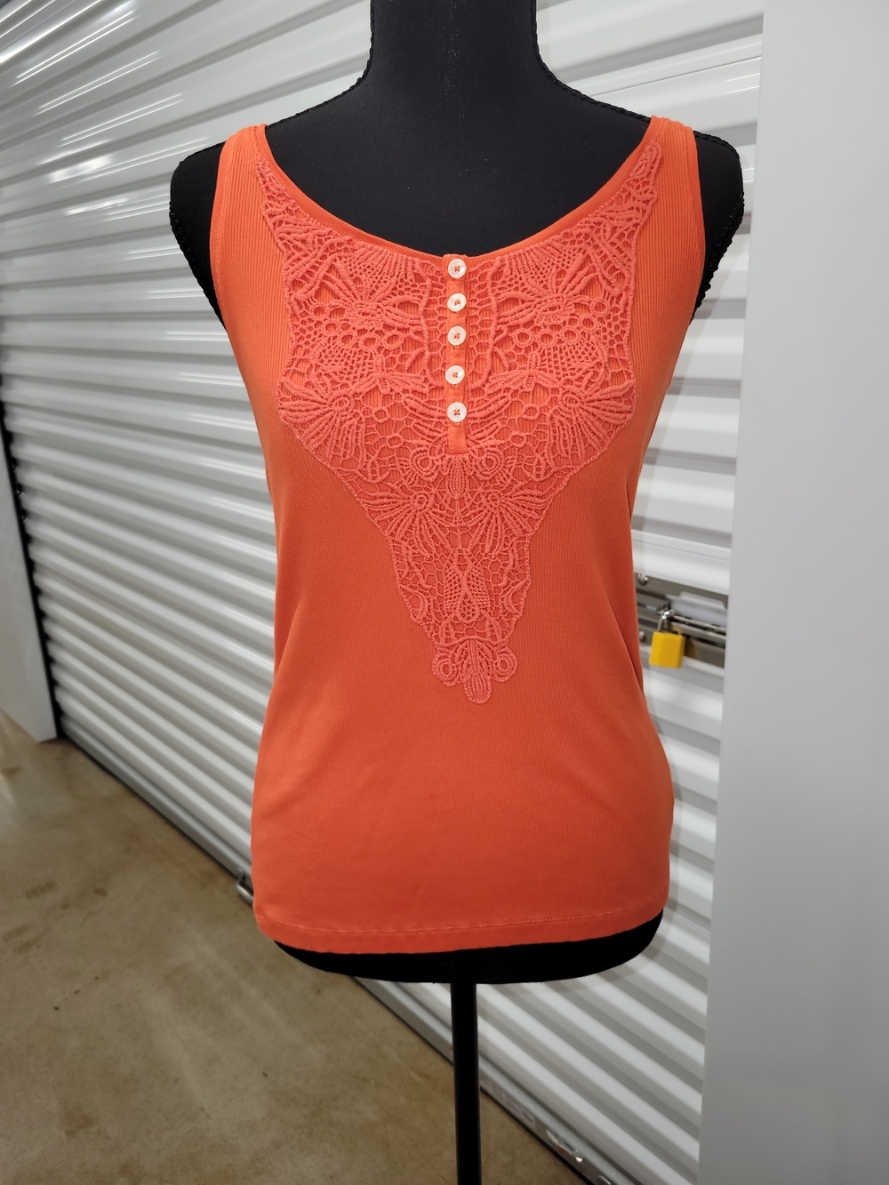 Lauren Ralph Lauren Tank Top Stretch Orange with Button And Crochet Womens PM